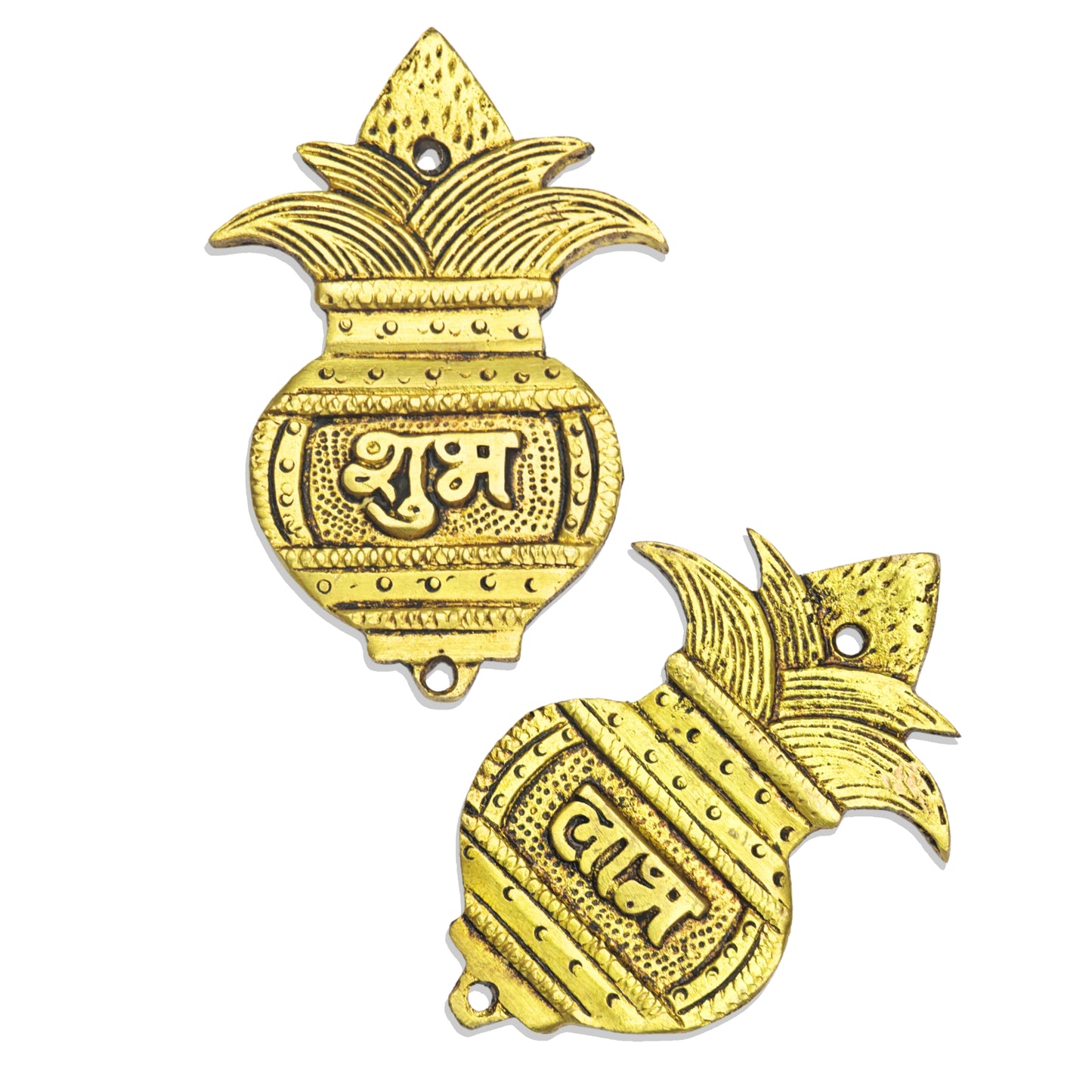 Shubh Labh Kalash Door Hangings (Pair) are Handcrafted in Pure Brass (Pital) with an Elegant Antique-Gold Finish.