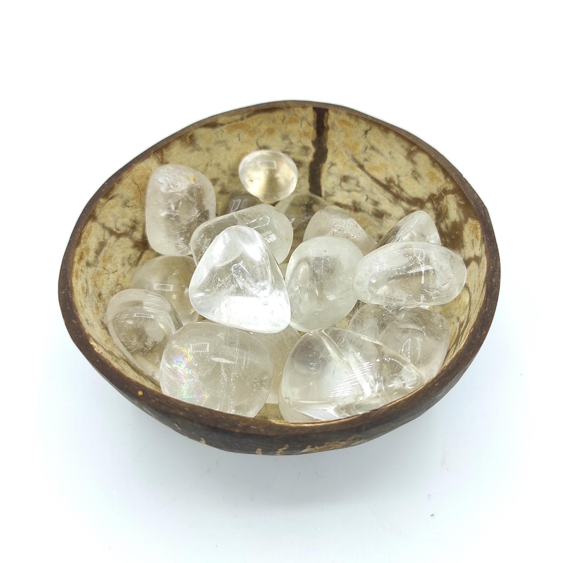 clear crystal quartz tumble pebble stone coconut bowl healing reiki