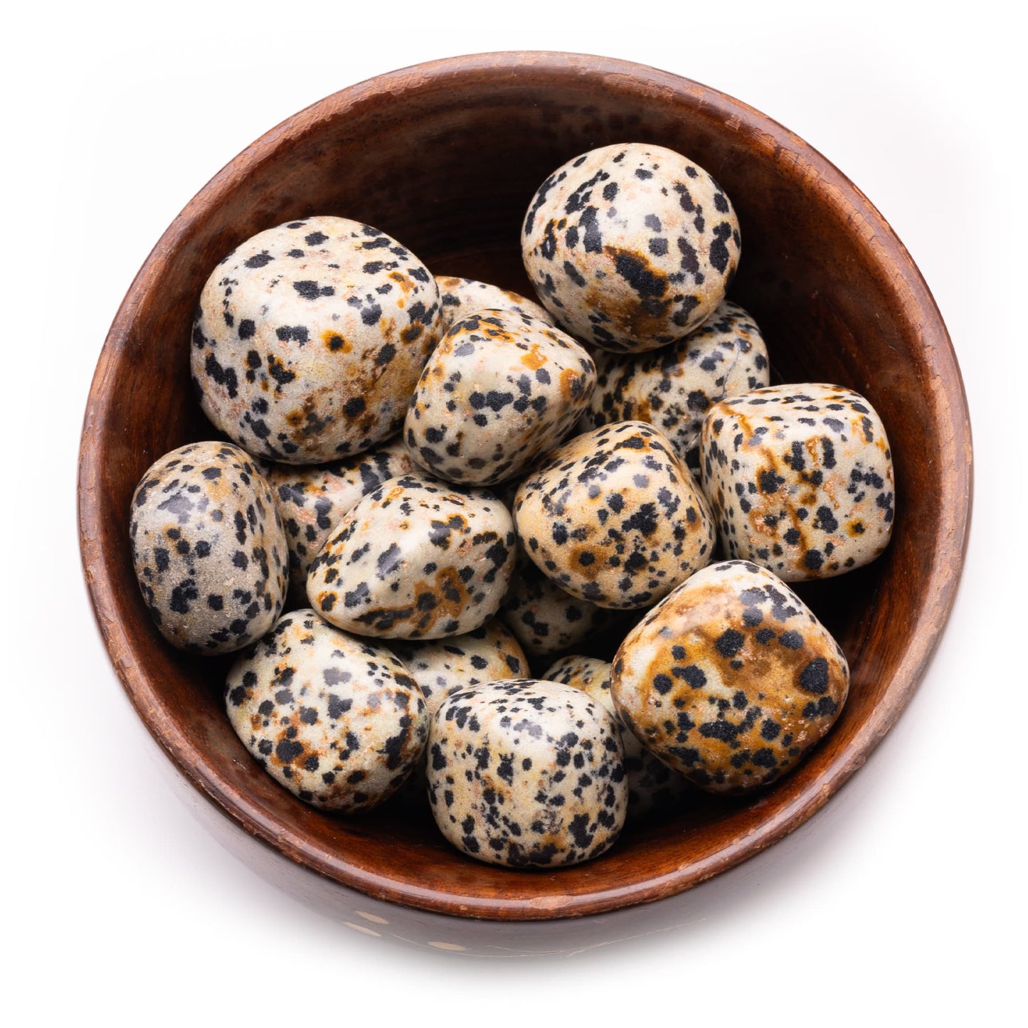 dalmatian jasper tumble pebble stone 300gm wooden bowl