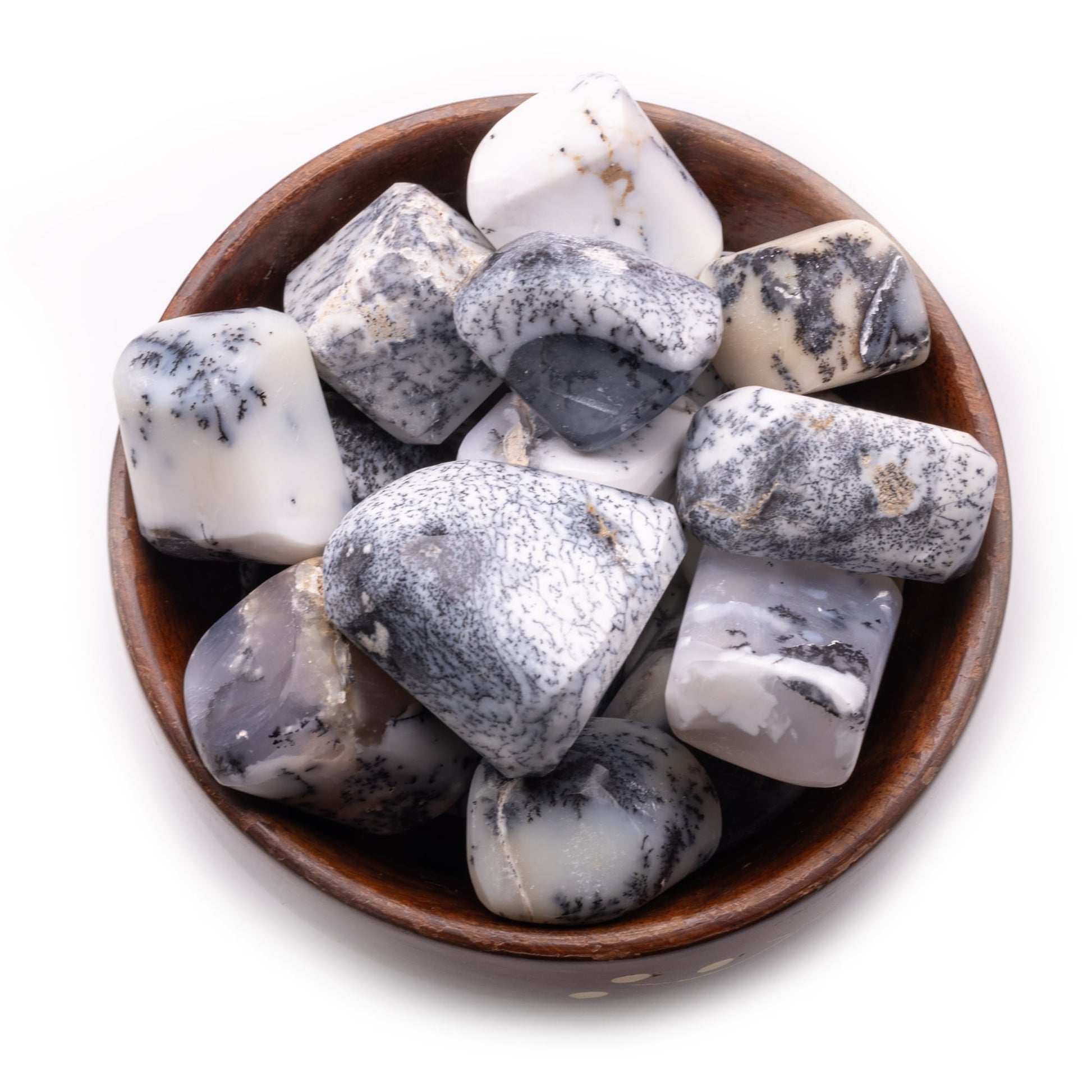 dendritic opal tumble pebble stone 300gm wooden bowl