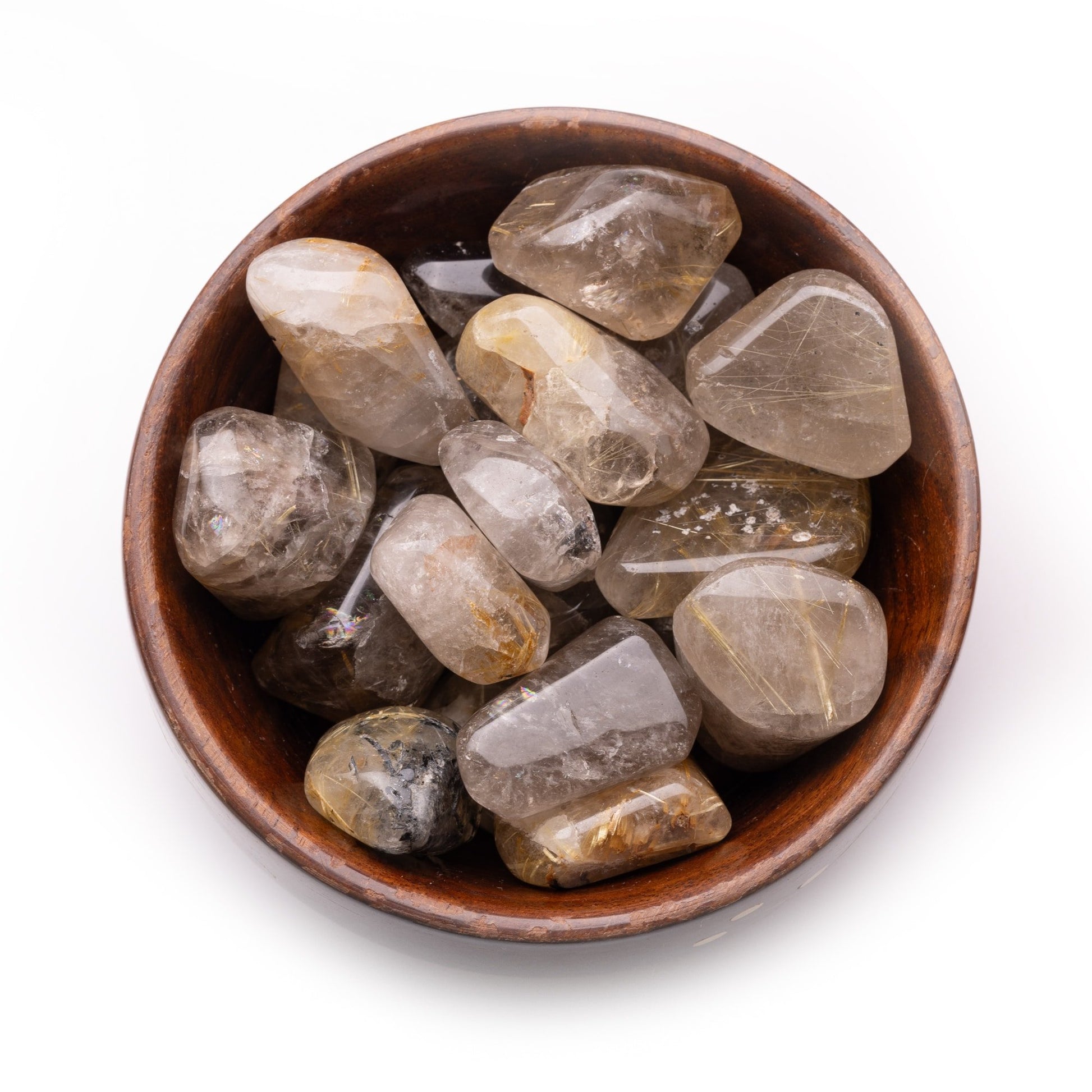 golden rutile quartz tumble pebble stone 300gm wooden bowl