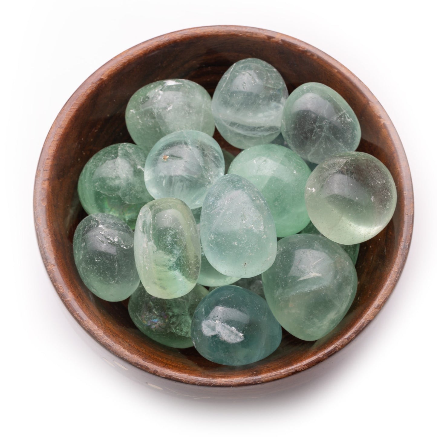 green fluorite tumble pebble stone 300gm wooden bowl