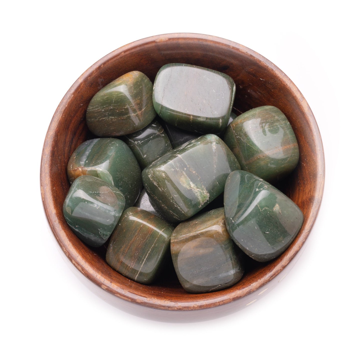green jade tumble pebble stone 300gm wooden bowl
