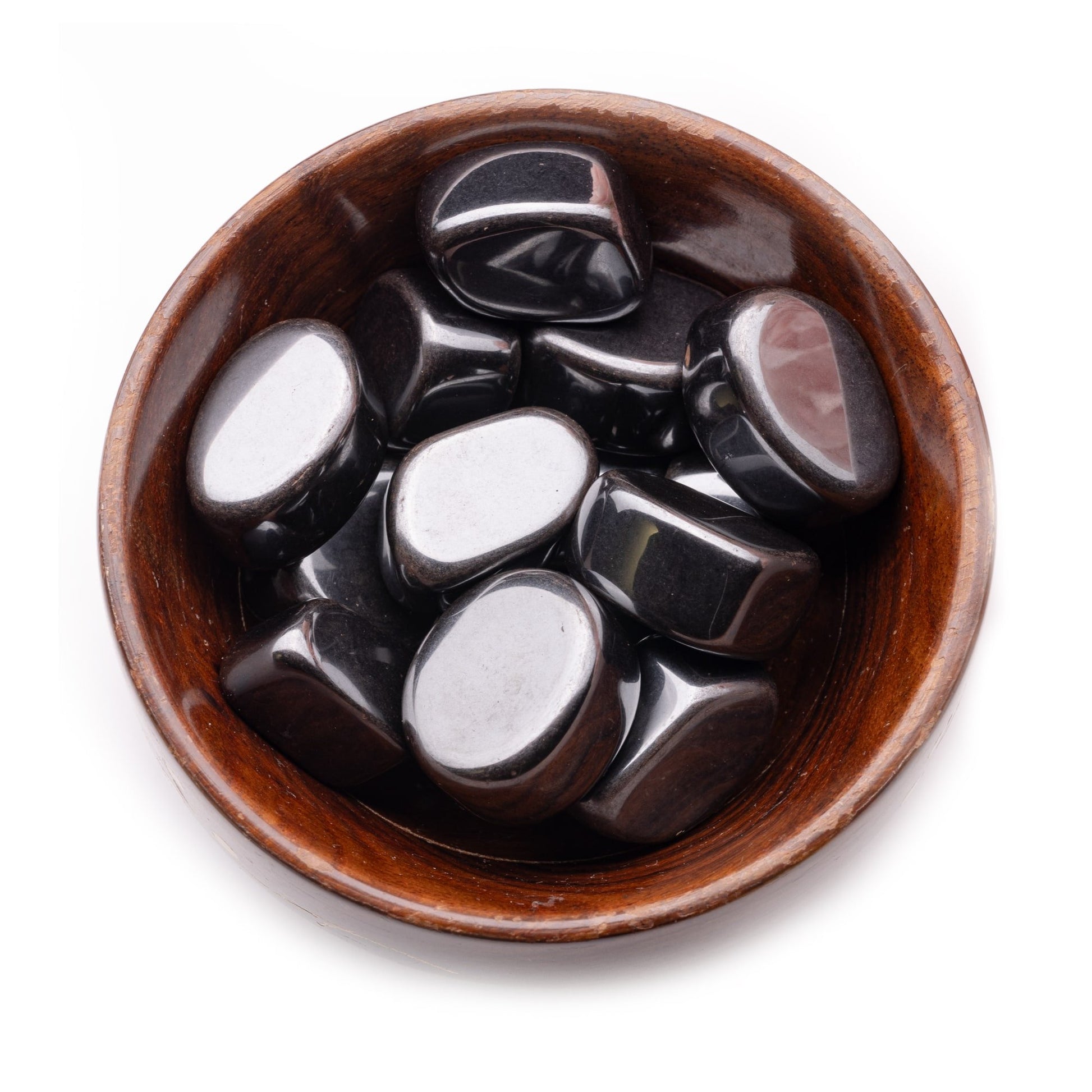 hematite tumble pebble stone 300gm wooden bowl