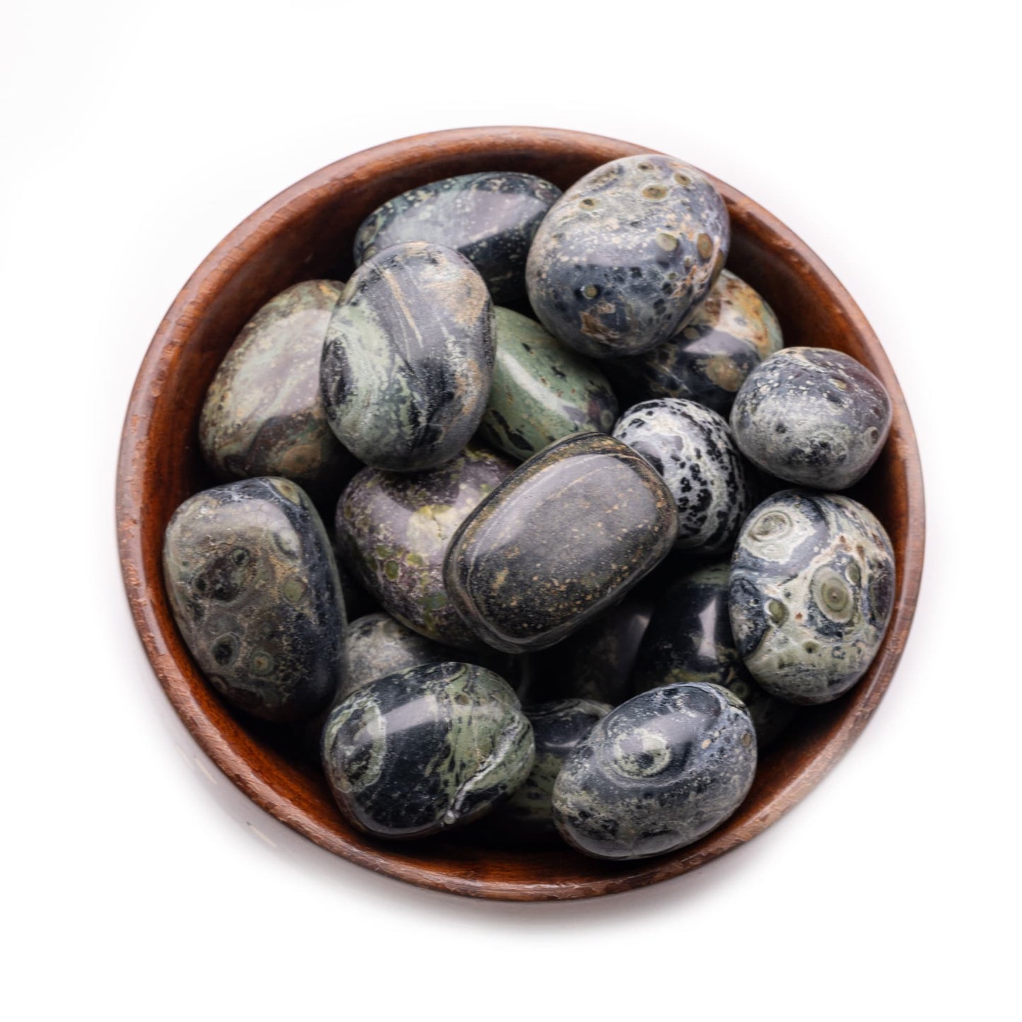kambaba jasper tumble pebble stone 300gm wooden bowl
