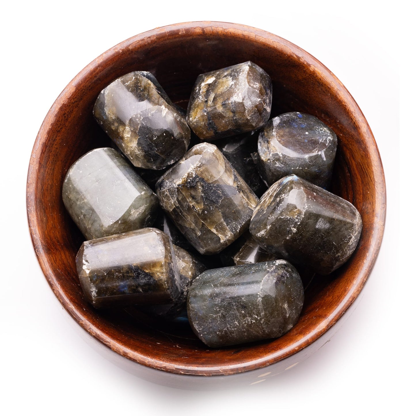 labradorite tumble pebble stone 300gm wooden bowl