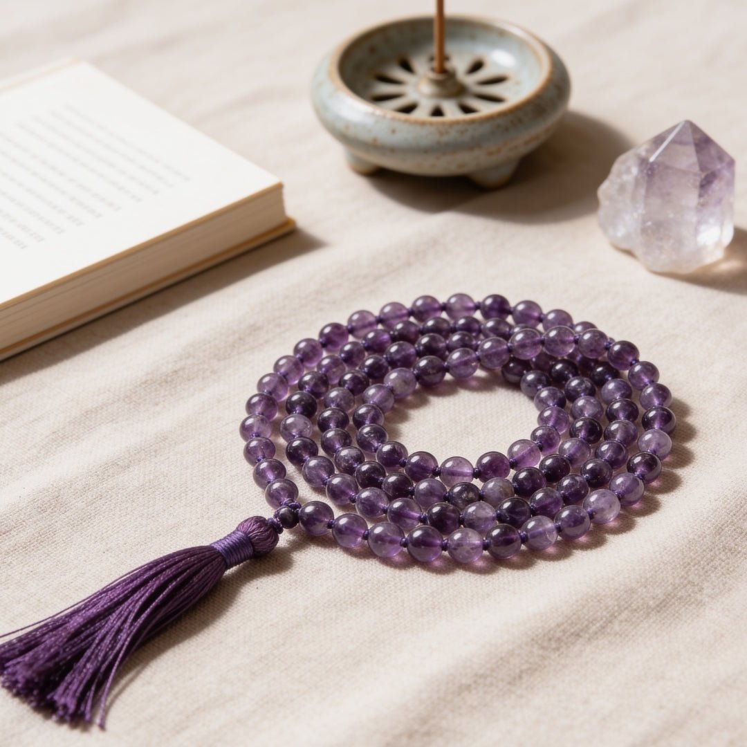 Purple Amethyst Necklace Japa Mala 108 + 1 Bead (Knotted) - plusvalueindia