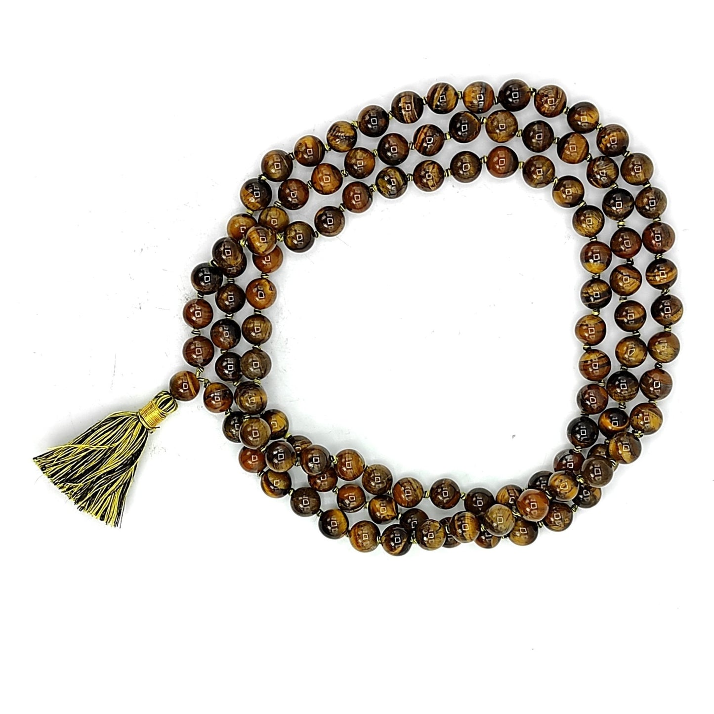 Tiger Eye Necklace Japa Mala 108 + 1 Round Beads (Knotted) for Courage Strength Confidence - plusvalueindia