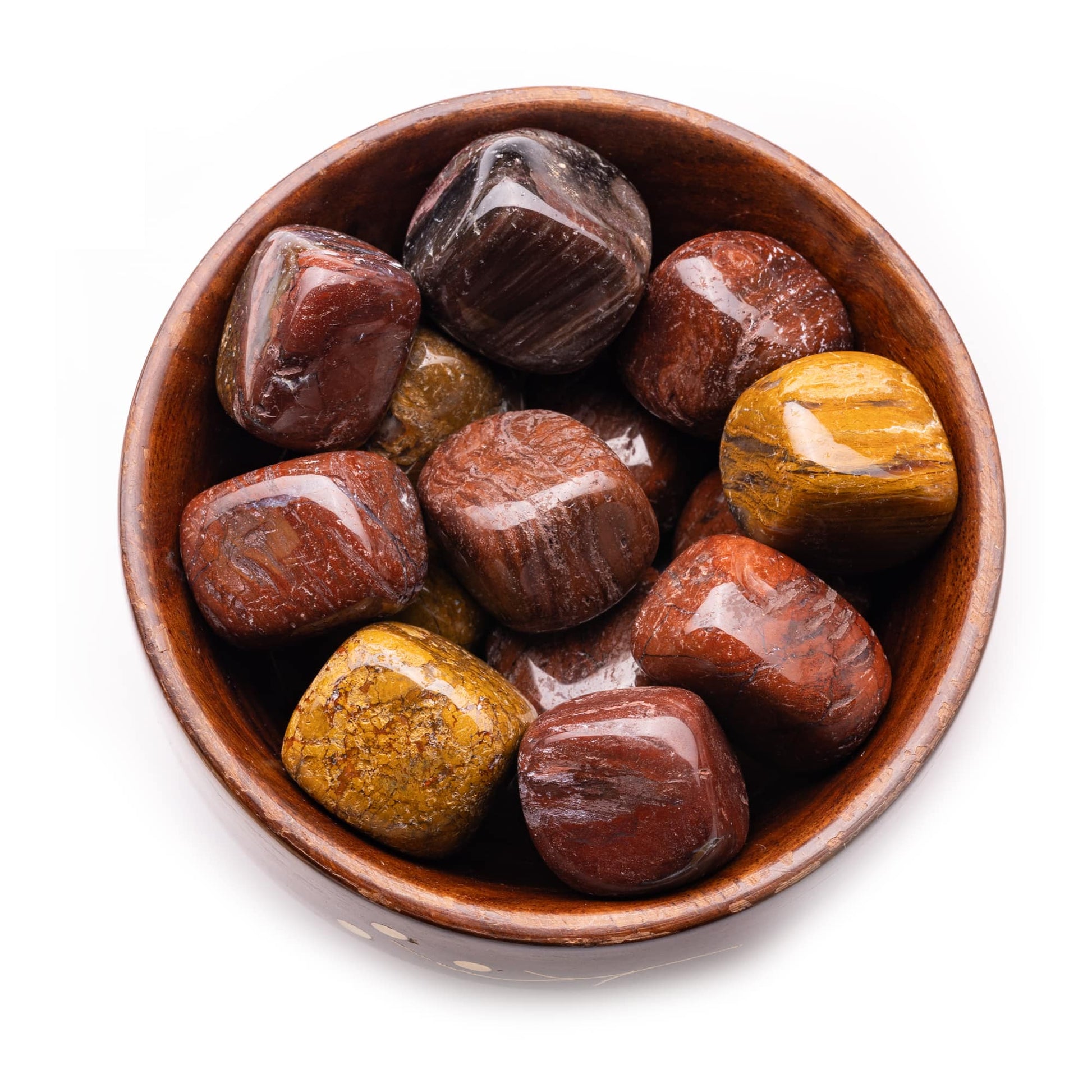 petrified wood tumble pebble stone 300gm wooden bowl