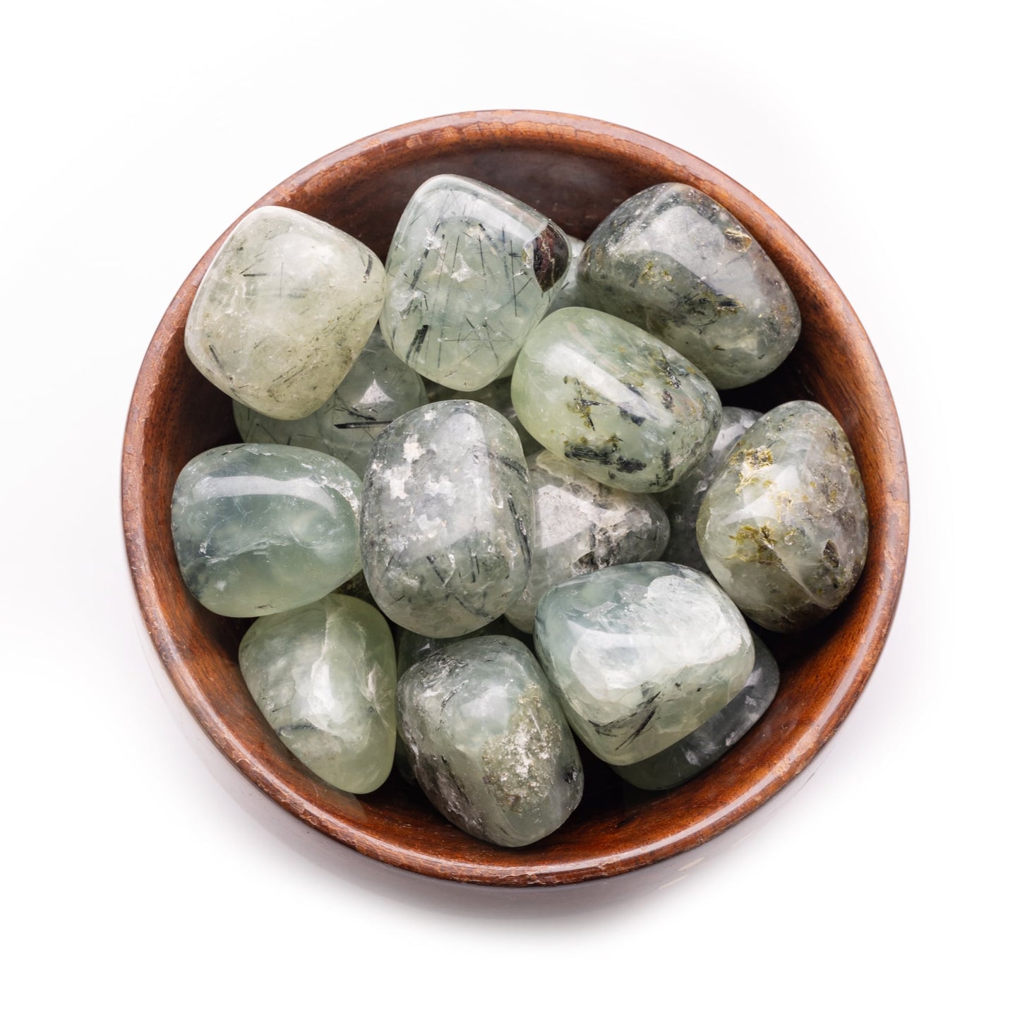 prehnite tumble pebble stone 300gm wooden bowl