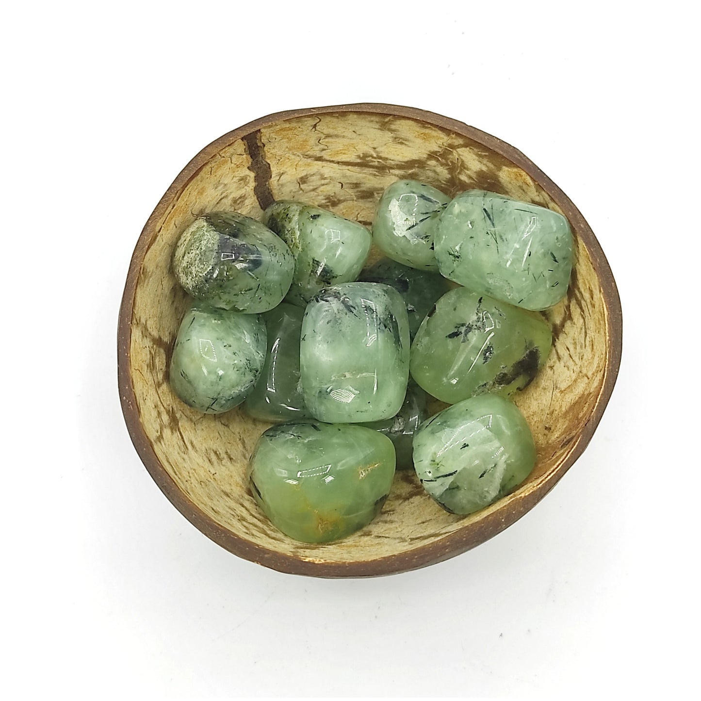 prehnite tumbled stone pebble coconut bowl crystal reiki healing