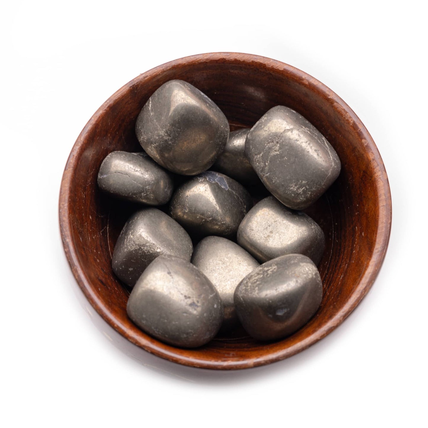 pyrite tumble pebble stone 300gm wooden bowl