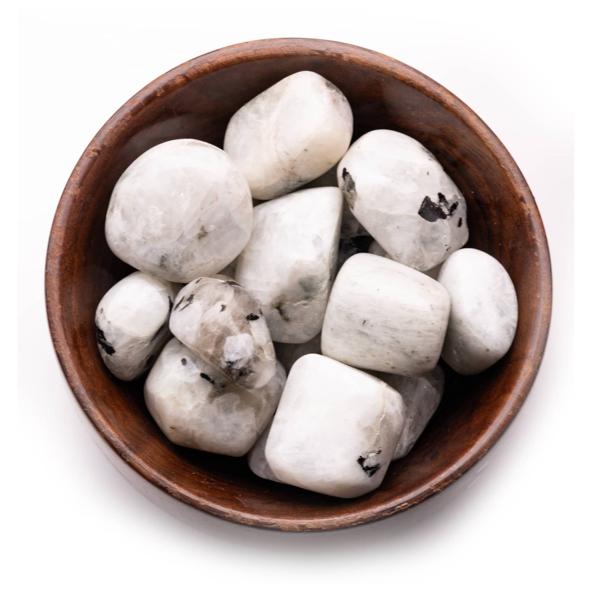 rainbow moonstone tumble pebble stone 300gm wooden bowl