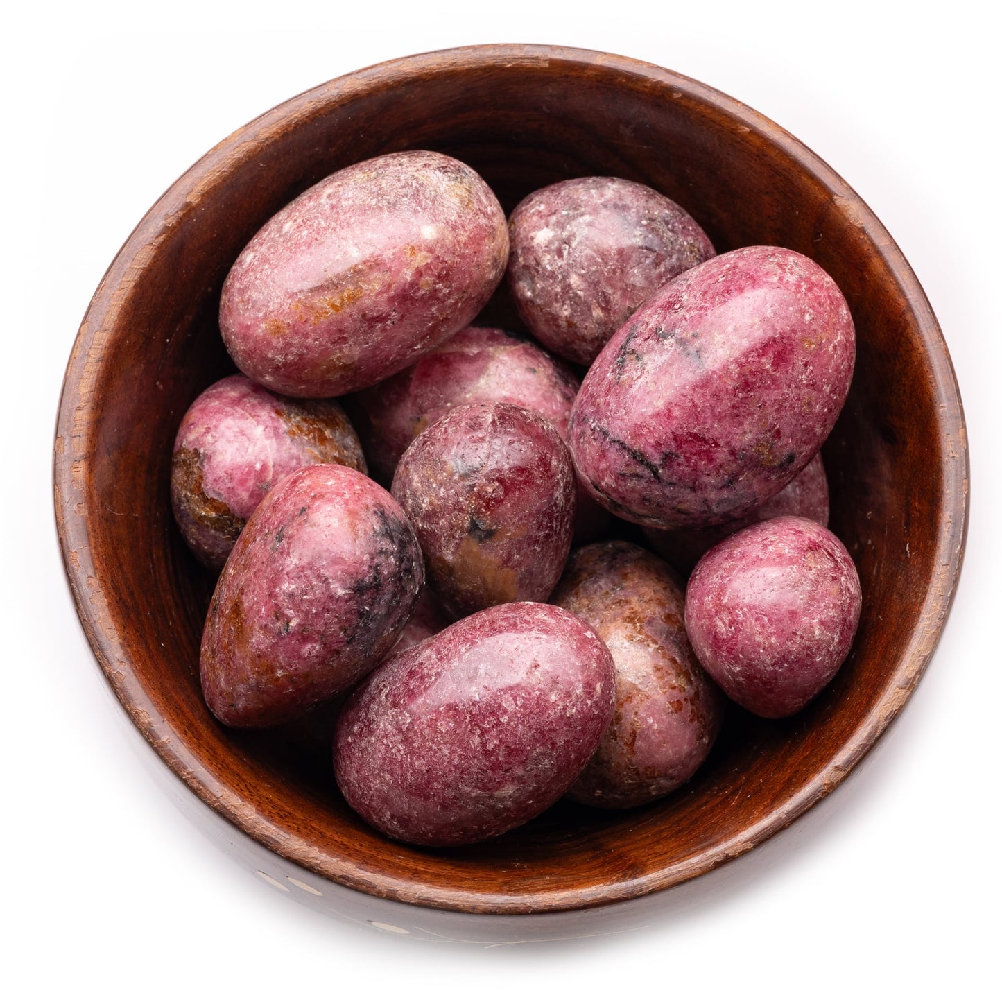 rhodochrosite tumble pebble stone 300gm wooden bowl