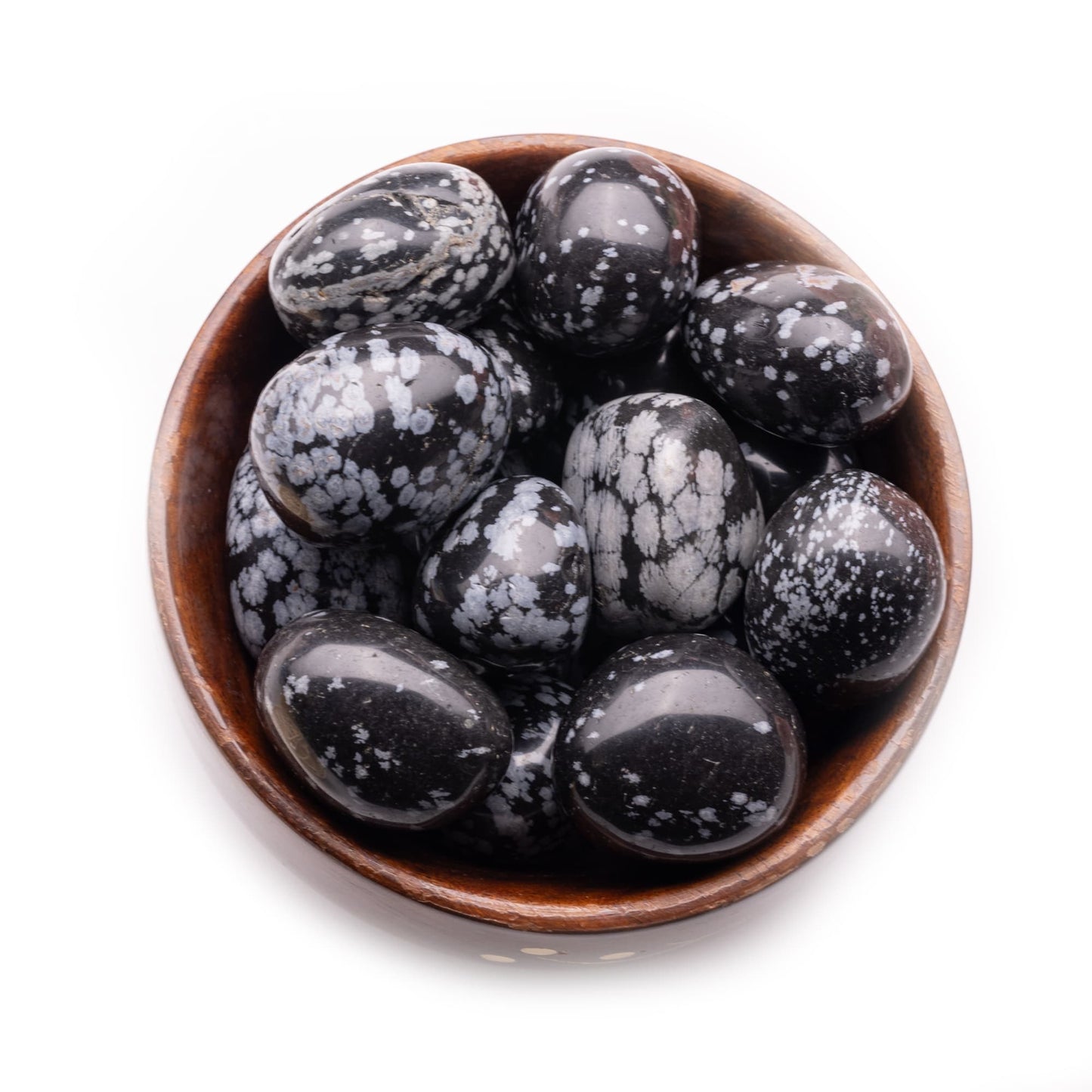snowflakes obsidian tumble pebble stone 300gm wooden bowl