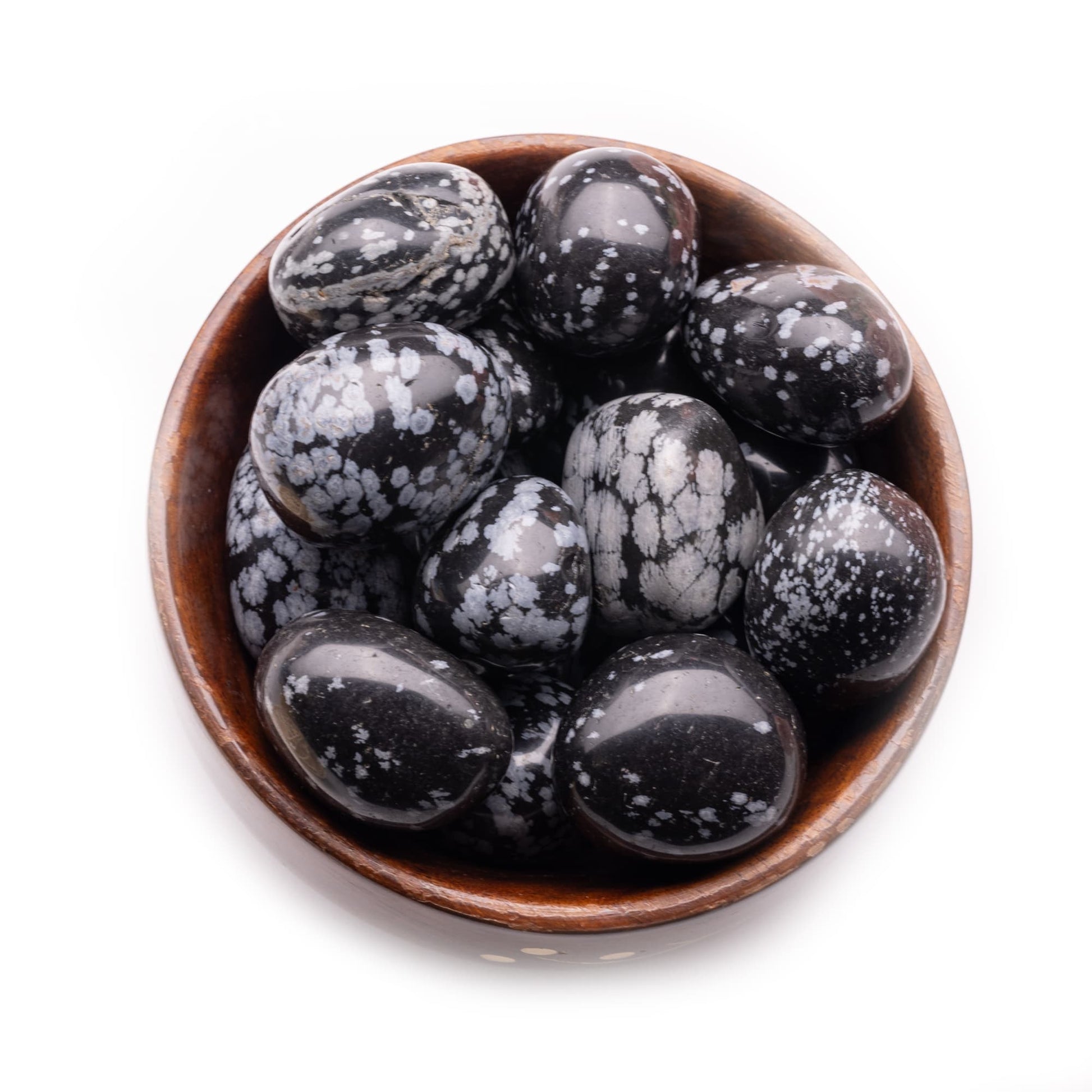 snowflakes obsidian tumble pebble stone 300gm wooden bowl