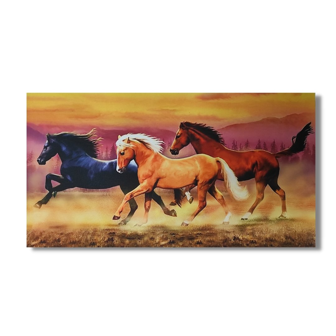 three colour running horses canvas print vastu & feng shui