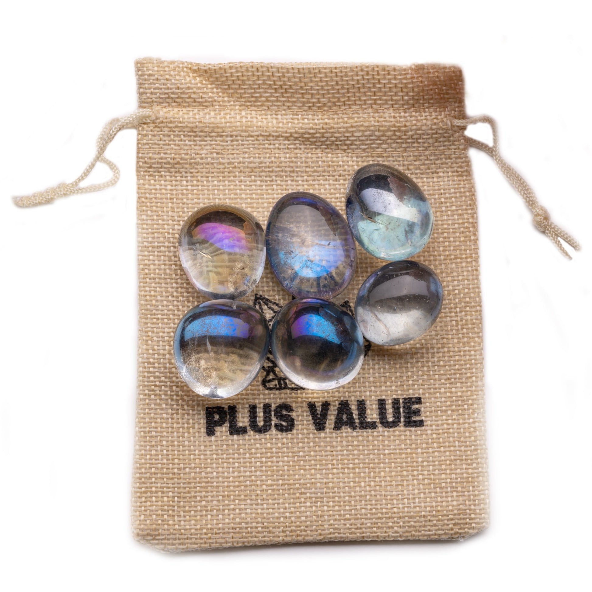 titanium aura quartz blue firing tumbled pebble stone 100gm jute bag