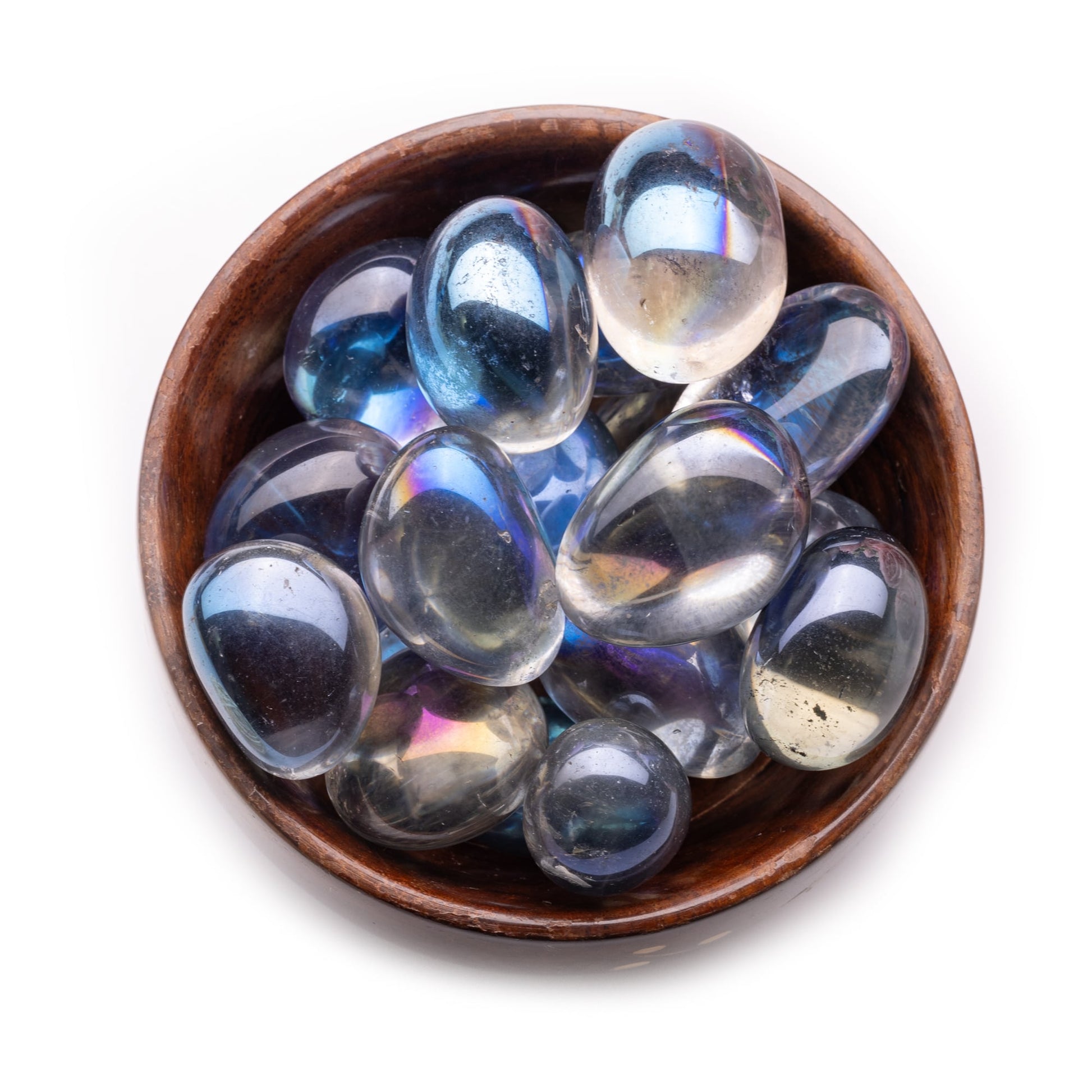 titanium aura quartz blue firing tumbled pebble stone 300gm wooden bowl