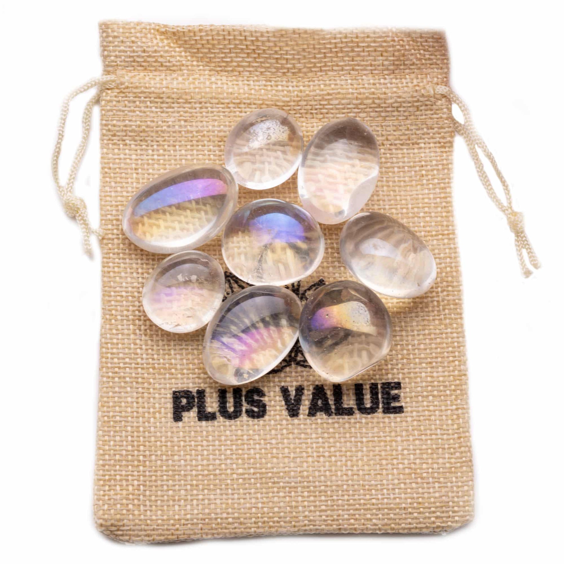 titanium aura quartz rainbow firing tumble pebble stone 100gm jute bag