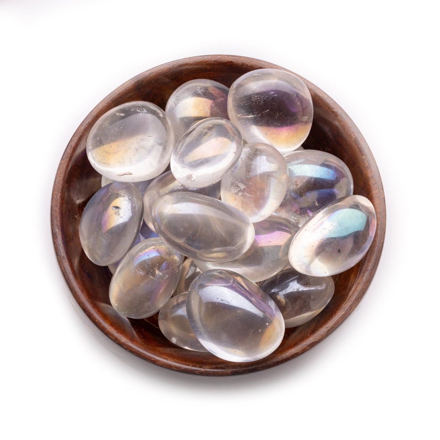 titanium aura quartz rainbow firing tumble pebble stone 300gm wooden bowl
