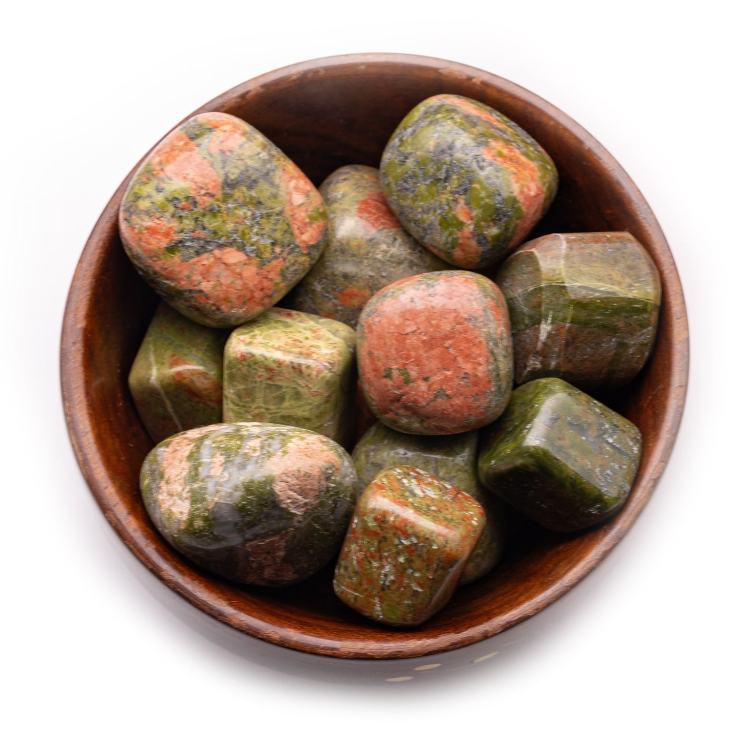 unakite tumble pebble stone 300gm wooden bowl