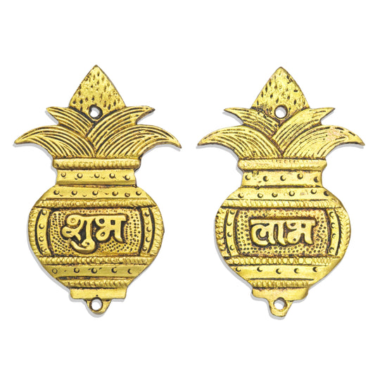 Shubh Labh Kalash Door Hangings (Pair) are Handcrafted in Pure Brass (Pital) with an Elegant Antique-Gold Finish.