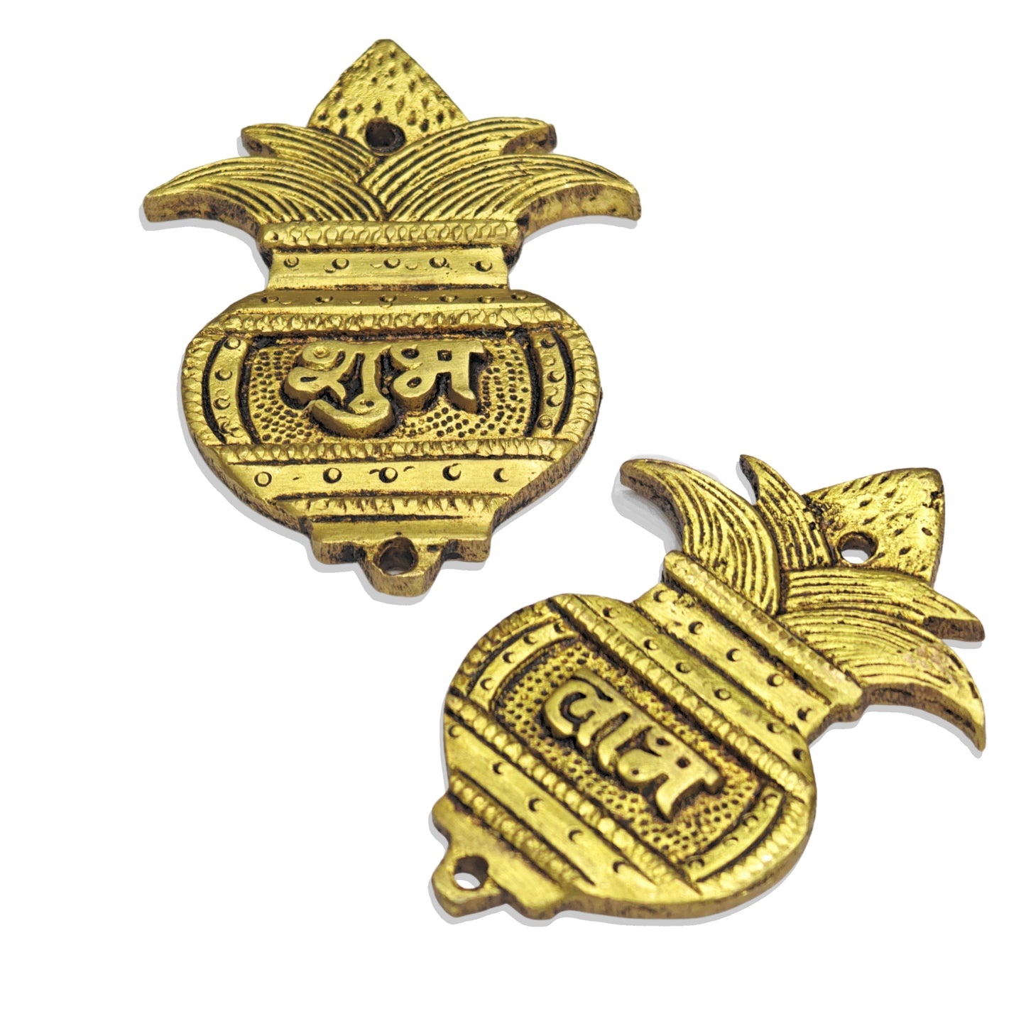 Shubh Labh Kalash Door Hangings (Pair) are Handcrafted in Pure Brass (Pital) with an Elegant Antique-Gold Finish.