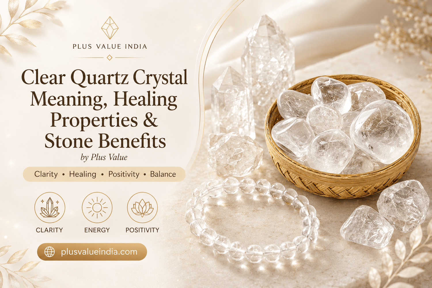 Clear Quartz Crystal Meaning, Healing Properties & Stone Benefits by Plus Value - plusvalueindia