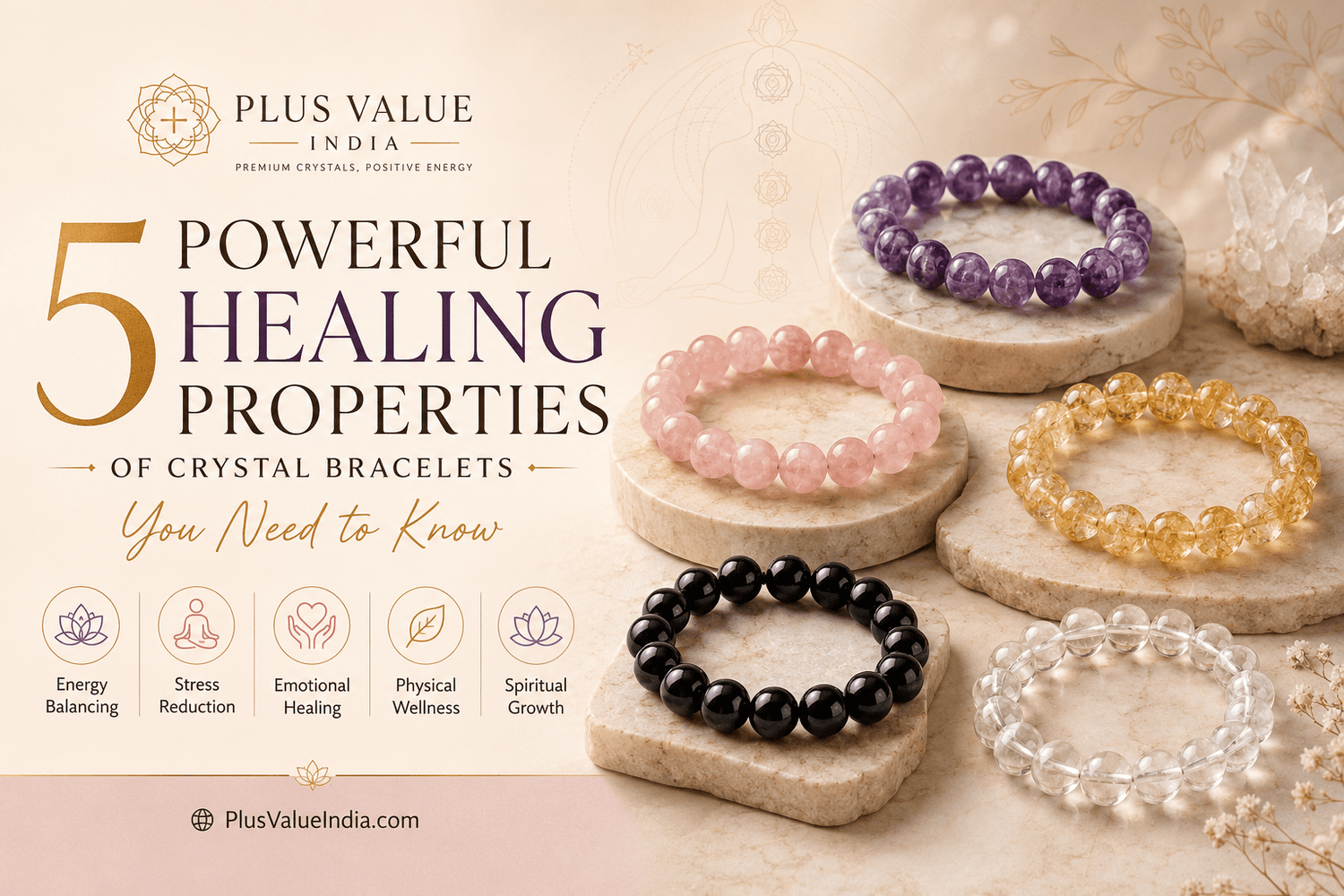 Crystal bracelets, healing crystal reference chart, Plus Value India