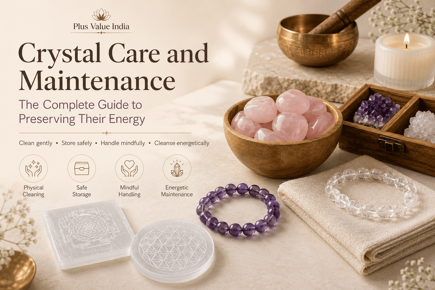 Crystal care and maintenance, cleaning, storing and handling shown step by step