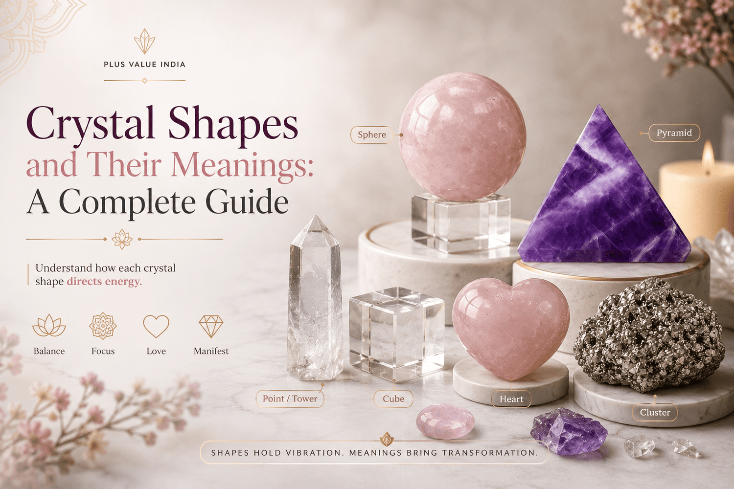 Crystal shapes chart, tower, sphere, pyramid, palm stone and cluster compared with what each is used for