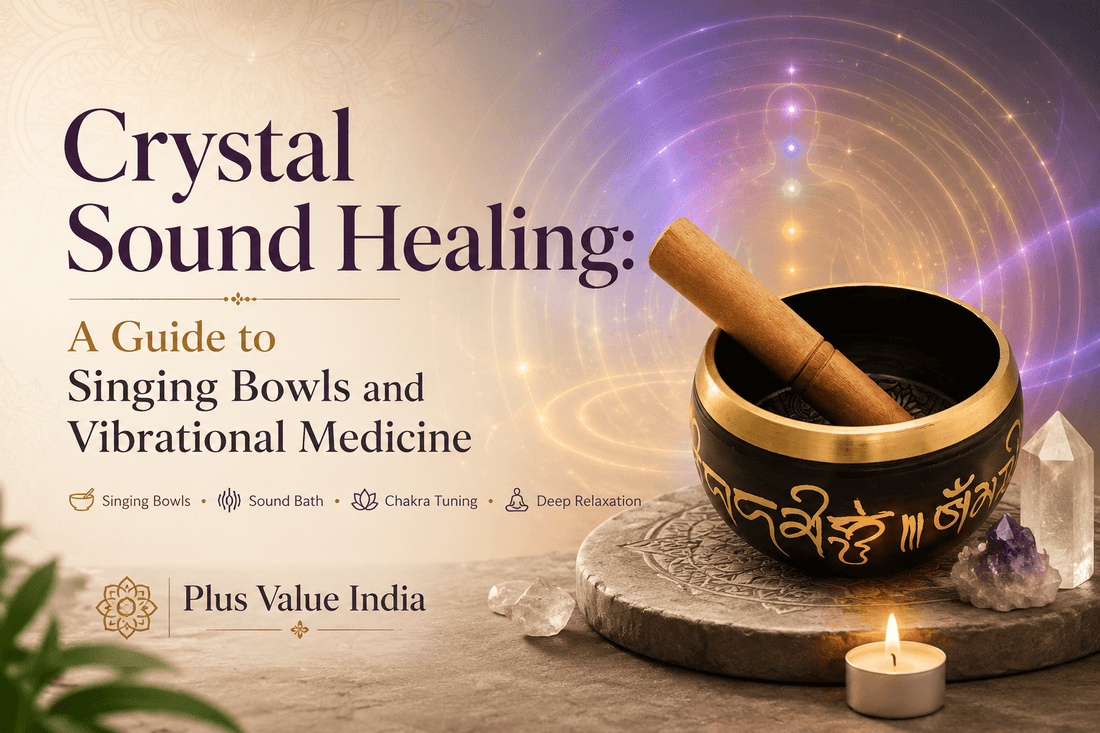 Singing bowls and sound healing, bowl and striker shown with crystals