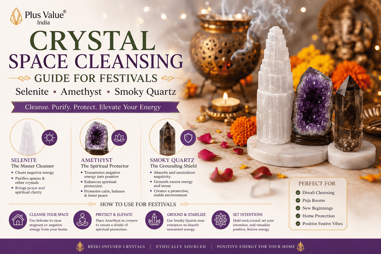 Crystal Space Cleansing Guide for Festivals: Selenite, Amethyst, Smoky Quartz - plusvalueindia