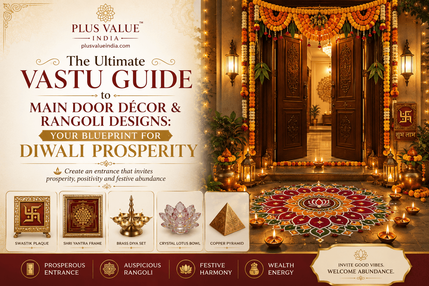 Diwali main door decoration, toran, rangoli and diya placement at the entrance