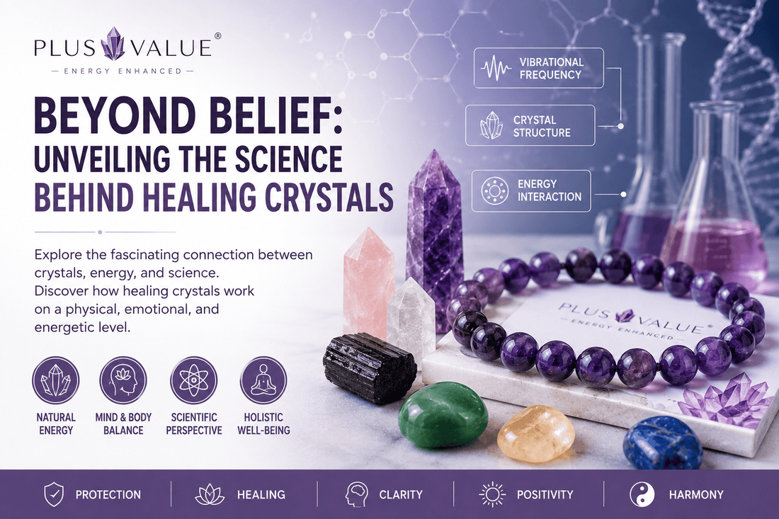 The science behind healing crystals, crystal lattice structure shown alongside natural specimens