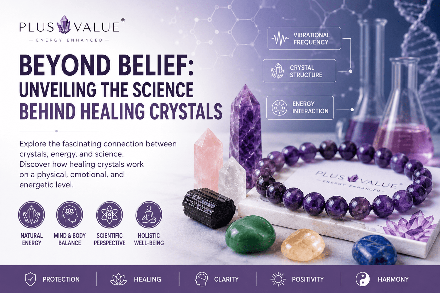 The science behind healing crystals, crystal lattice structure shown alongside natural specimens