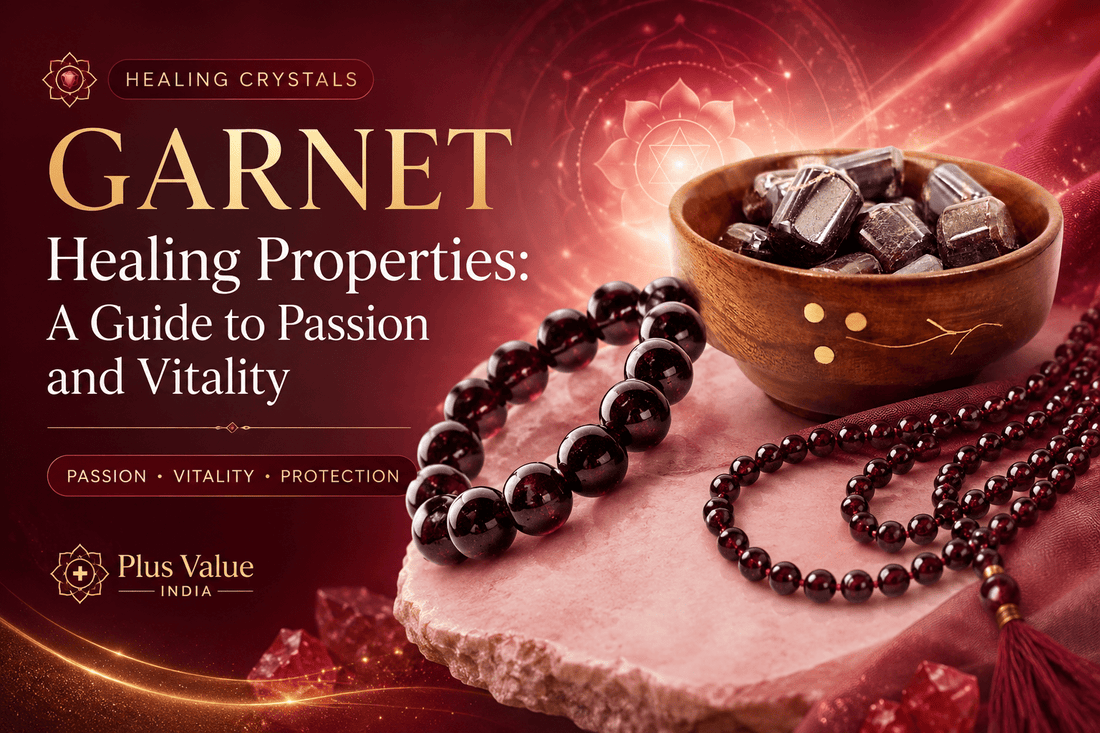 Garnet stone, deep red garnet shown raw and faceted with its traditional vitality associations