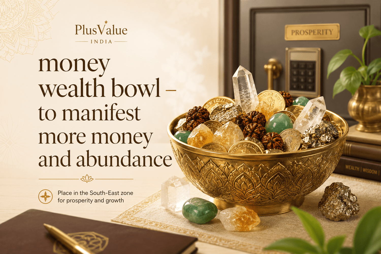 Money bowl, Feng Shui wealth bowl filled with citrine, coins and ingots for the wealth corner