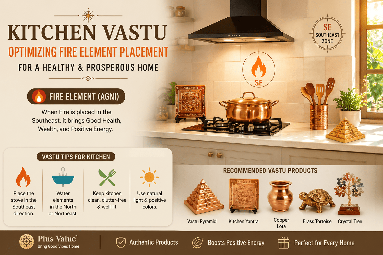 Kitchen Vastu chart, correct stove, sink and fridge positions marked in the south east fire zone