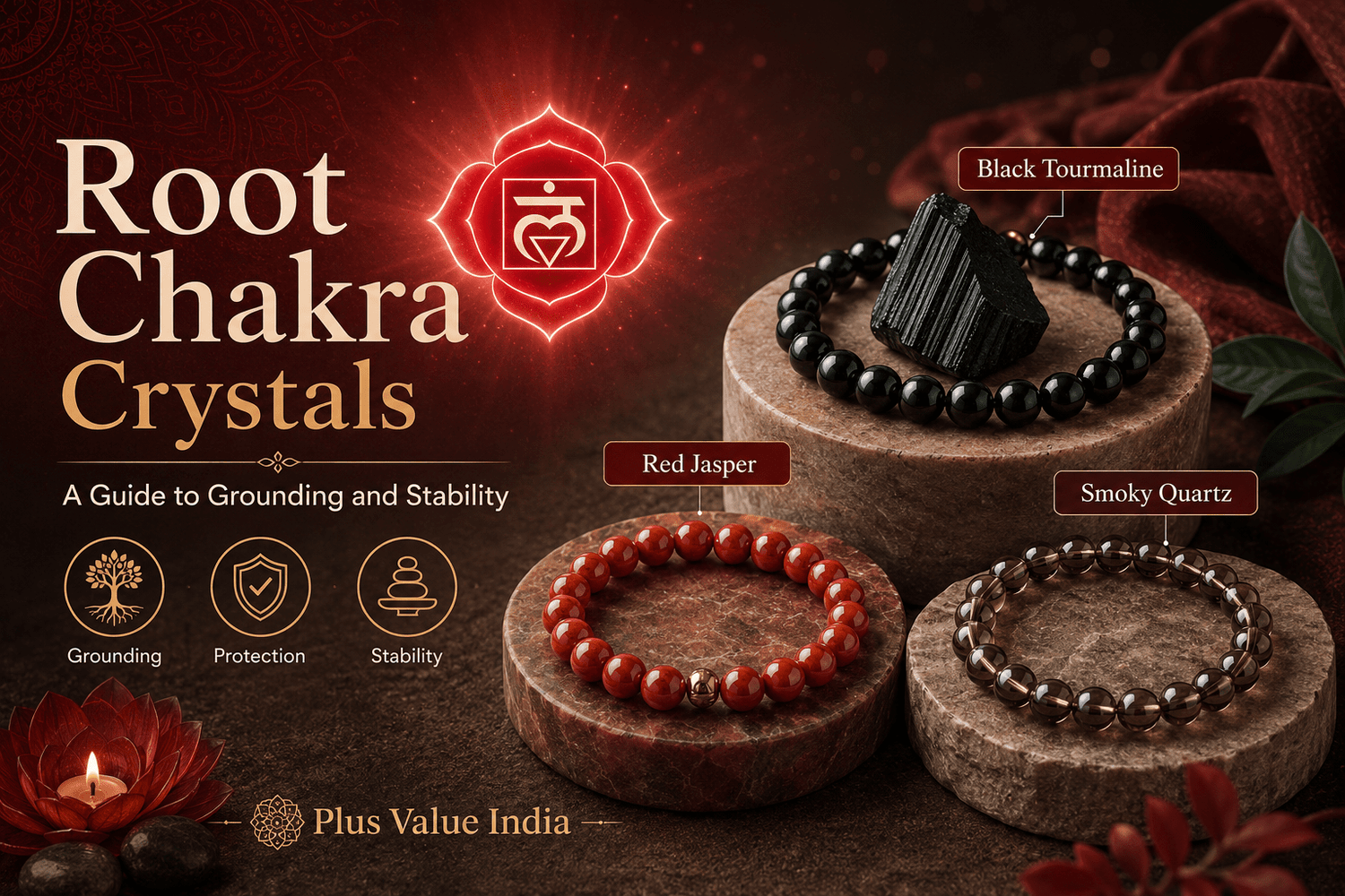 Root chakra crystals, the red and black grounding stones shown together