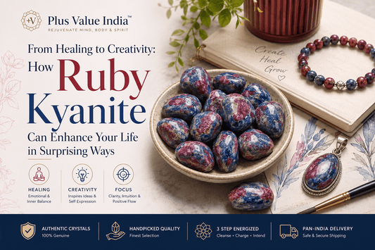Crystals for creativity, the stones kept on a work table shown together, Plus Value India
