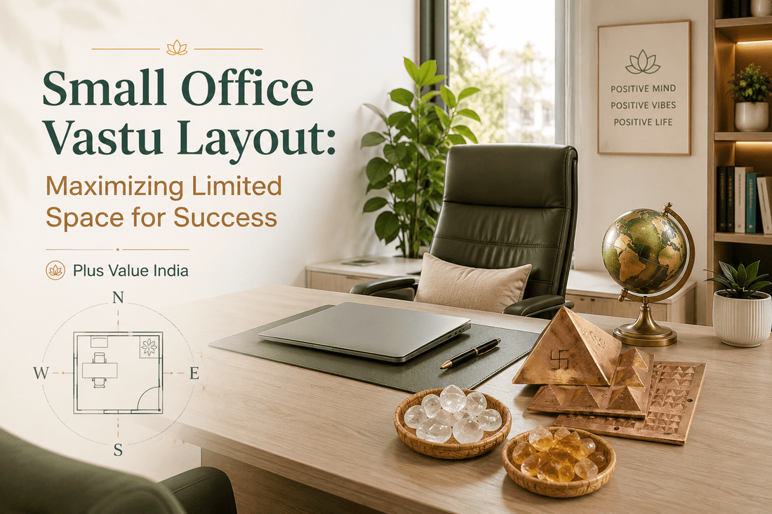 Small office Vastu layout, compact workspace plan showing desk direction and storage placement