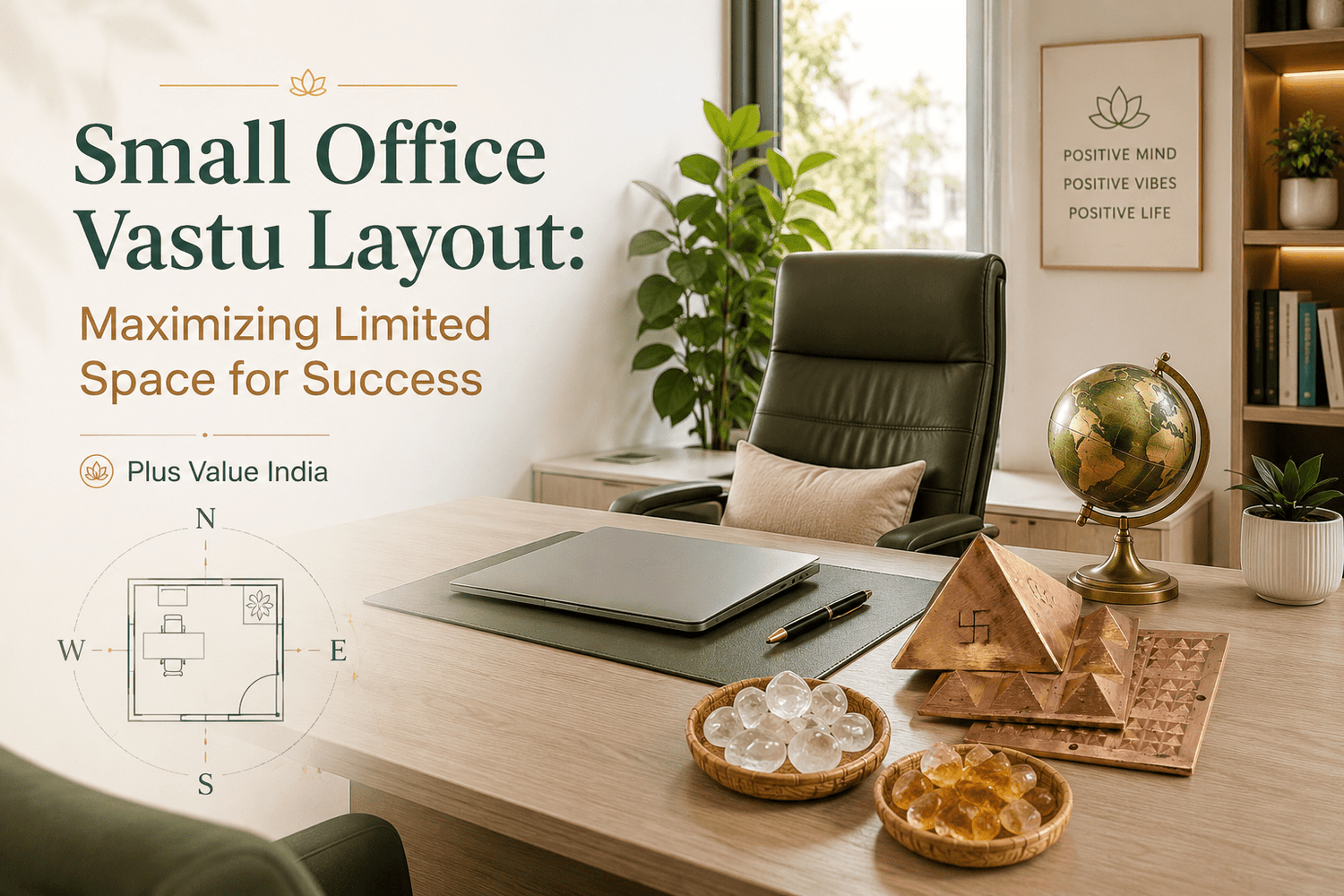 Small office Vastu layout, compact workspace plan showing desk direction and storage placement