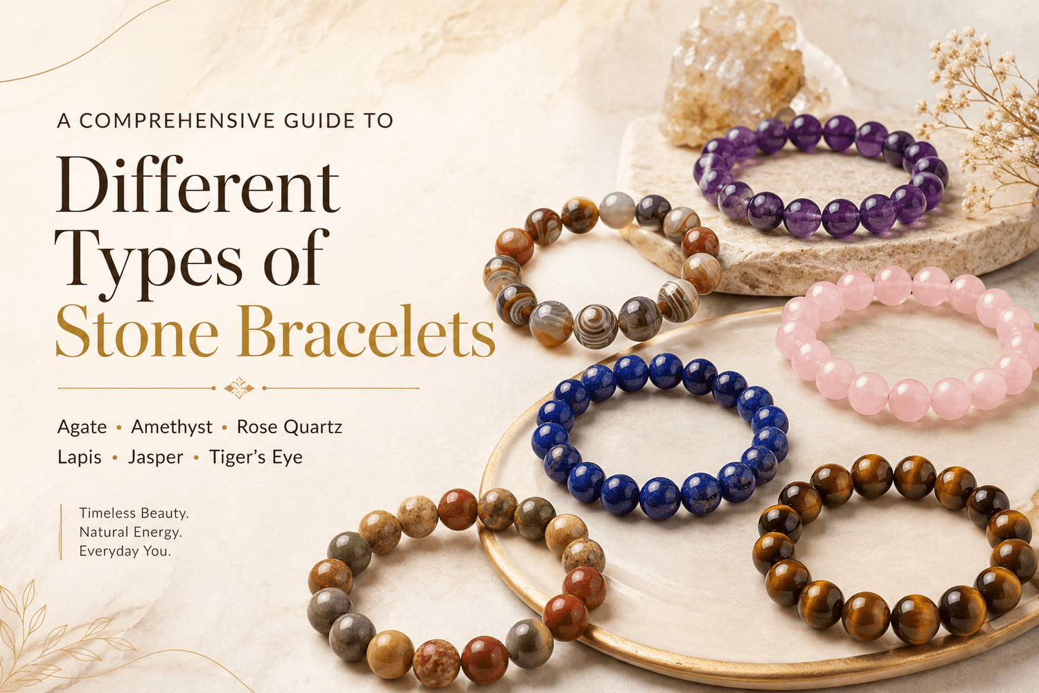 Stone bracelet types compared, bead sizes and stones shown side by side