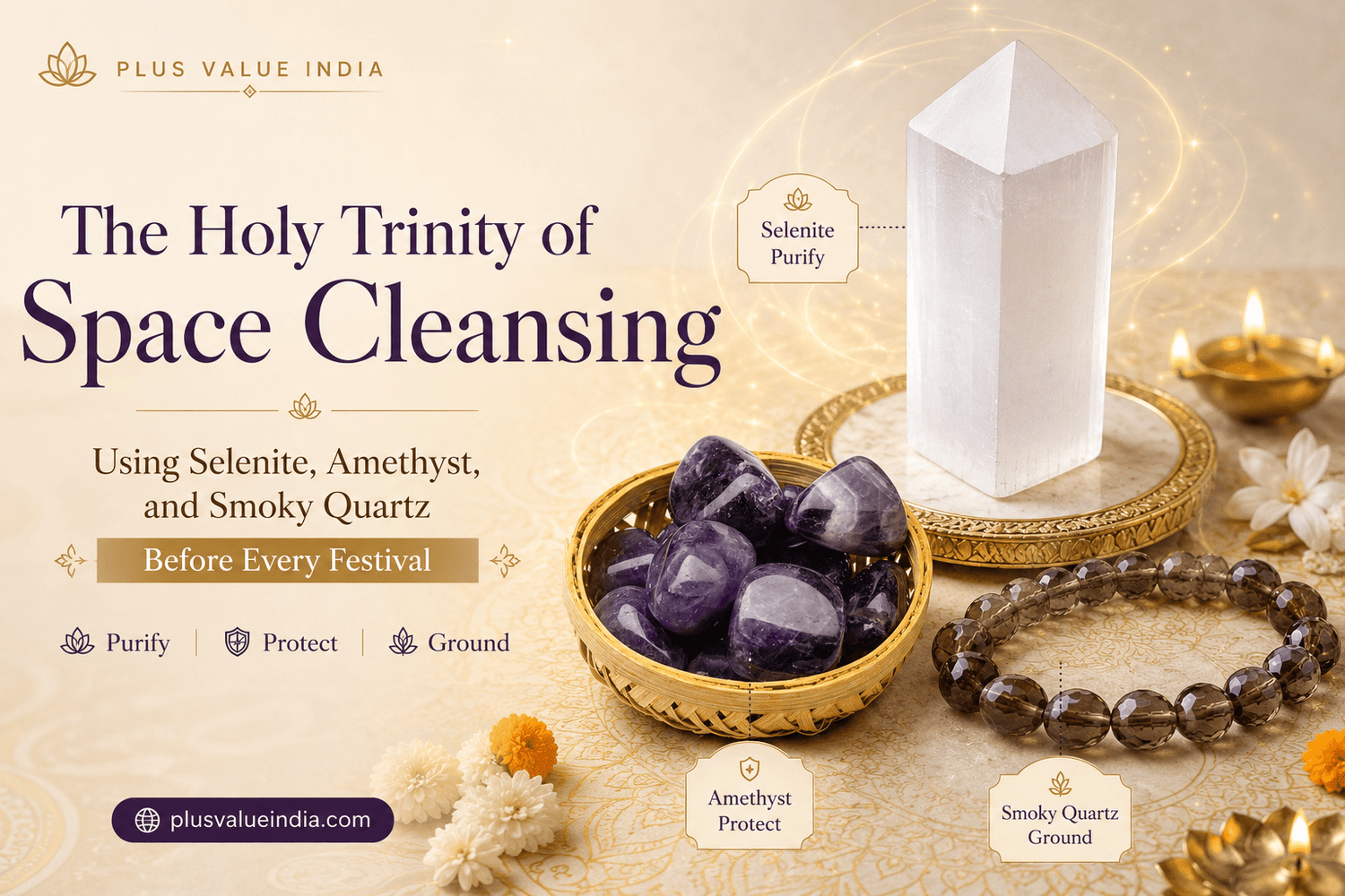 The Holy Trinity of Space Cleansing: Using Selenite, Amethyst, and Smoky Quartz Before Every Festival - plusvalueindia