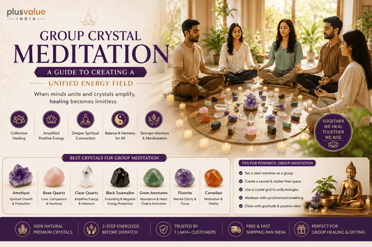 Group crystal meditation, stones arranged for a circle practice