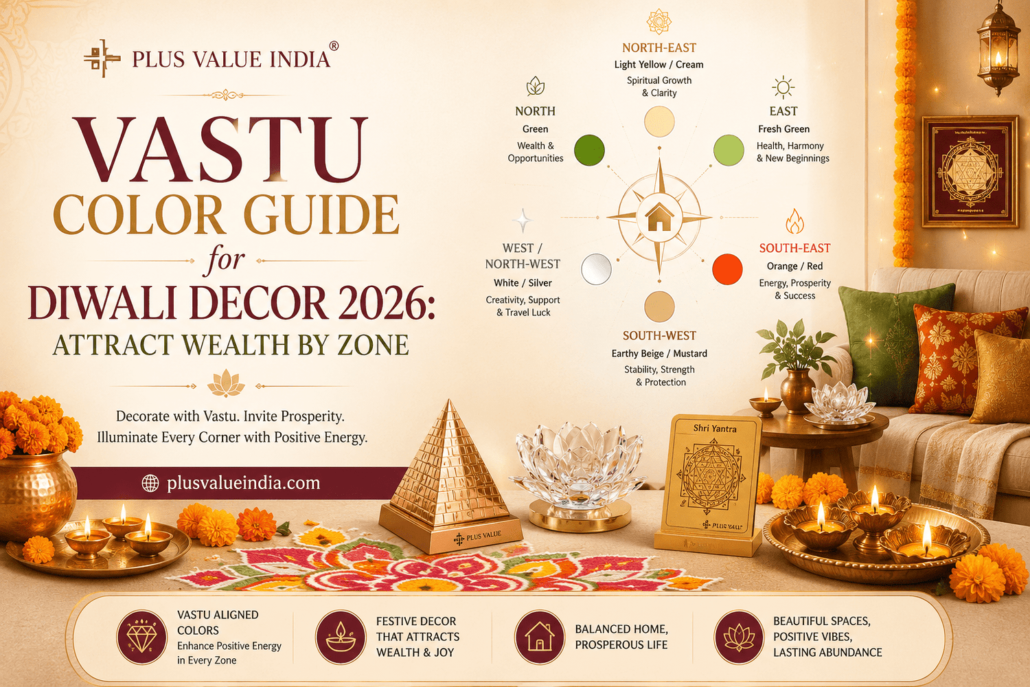 Diwali decor colours by Vastu zone, colour swatches mapped to each direction