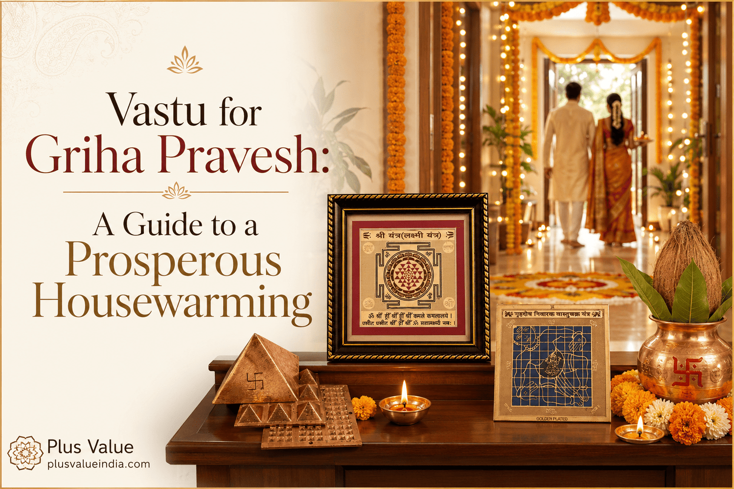 Griha pravesh Vastu, housewarming puja setup at the main door with the muhurat checklist