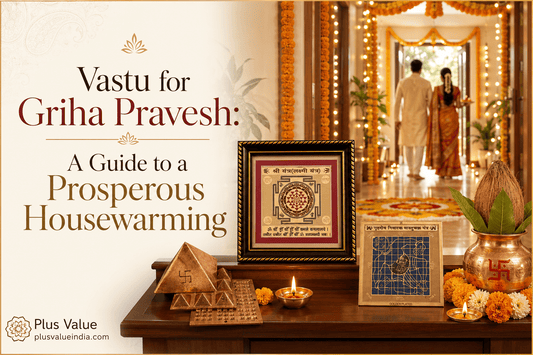 Griha pravesh Vastu, housewarming puja setup at the main door with the muhurat checklist